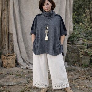 100% CASHMERE Boxy Turtleneck Sweater Dolman Sleeves Lagenlook Gray Size Small